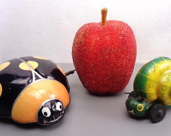 Tin Litho Bug Toys, Vintage Noli No915 Tin Litho Snail Toy, by Lehmann, Western Germany and Vintage Tin LadyBug Toy, Japan, Set of 2