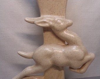 Vintage Speckled Pottery Deer Fawn Vase, MCM Pottery Gazelle Antelope Vase