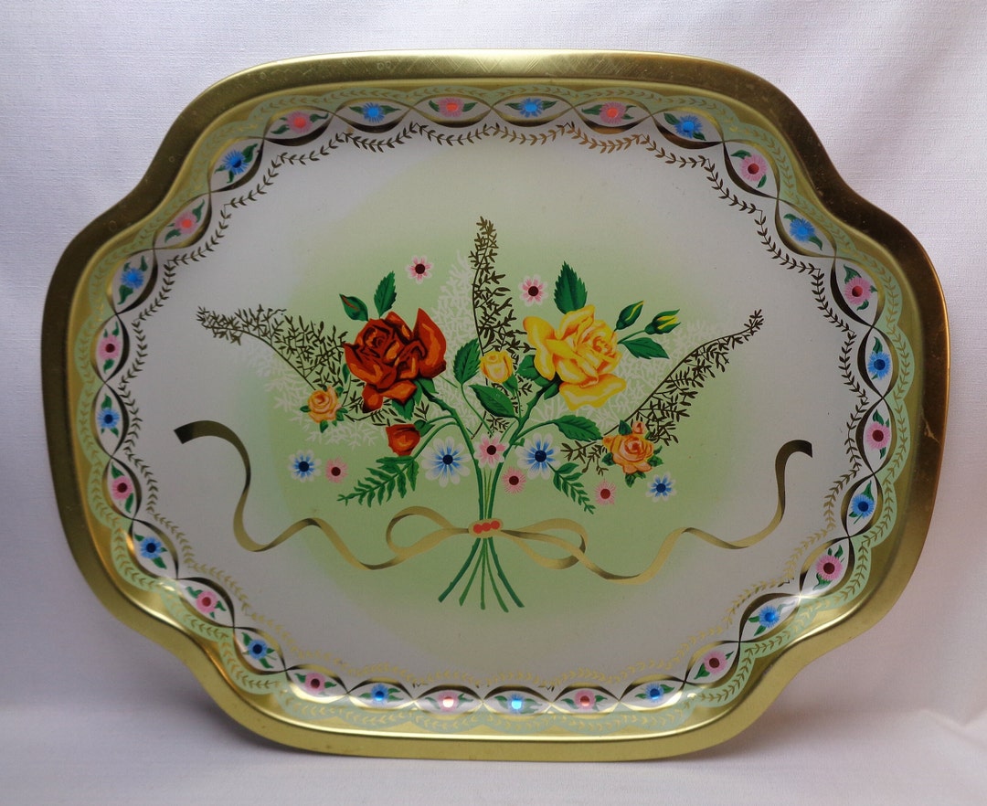 Vintage Baret Ware Roses Serving Tray, Baret Ware Art Grace Metal Tray