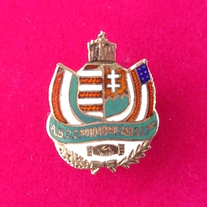 Vintage Hungary Coat of Arms Lapel Pin, Vintage Hungarian Heraldic Pin, Hungary and USA Flags Allied Pin