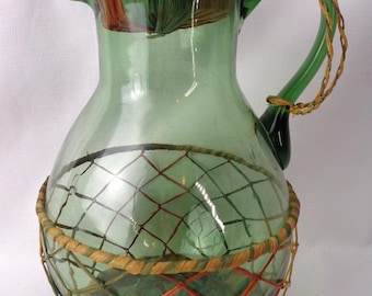 Vintage Italy Green Glass Wine Pitcher, Vintage Italian Green Glass Sangria Pitcher with straw base and cover