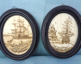 Vintage Oval Etched Resin Prints of Sailing Clipper Ships, The Golden Lion and the Whaler Ionia, set of 2