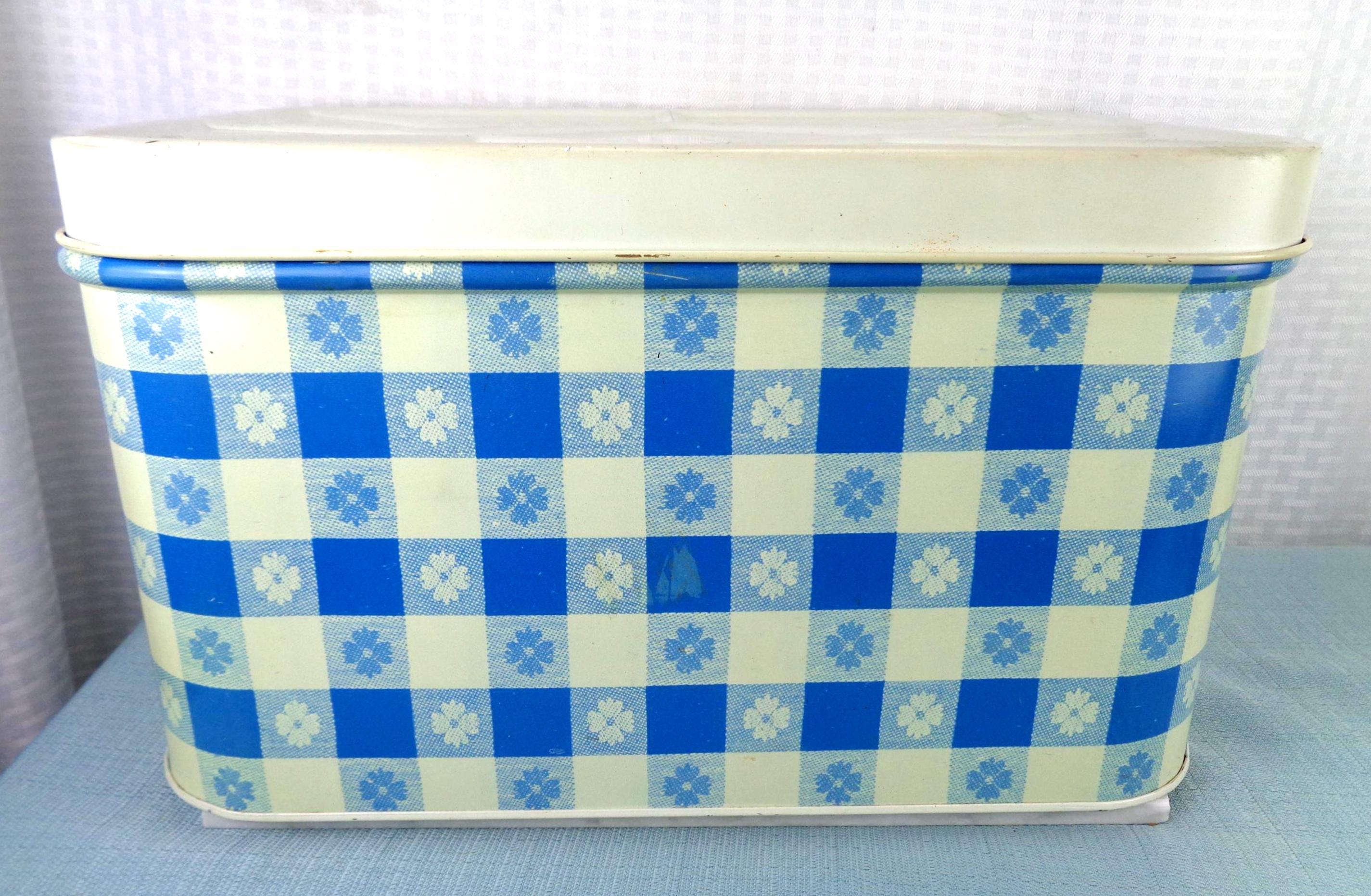 Vintage Blue Gingham Metal Bread Box, Vintage Blue and White Metal