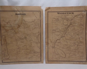 Antique Vermont Town Maps, Antique Woodstock VT Map and Barnard VT Map, 1869, Set of 2