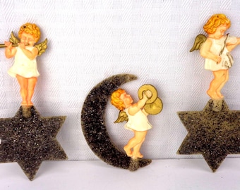 Vintage German Celluloid Musical Angels Ornaments, Vintage Mica Angel Ornaments, Set of 3