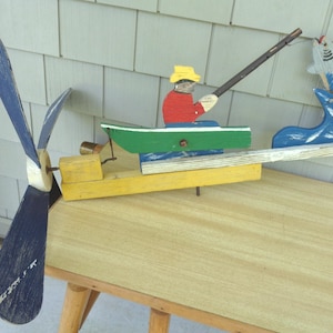 Vintage Primitive Wooden Fisherman Whirligig, Vintage Wood Americana Fishing Whirligig, Vintage Folk Art Whirliygig