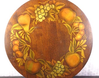 Vintage 1970's Wooden Tole Fruit Lazy Susan, Vintage Folk Art Tole Lazy Susan, signed