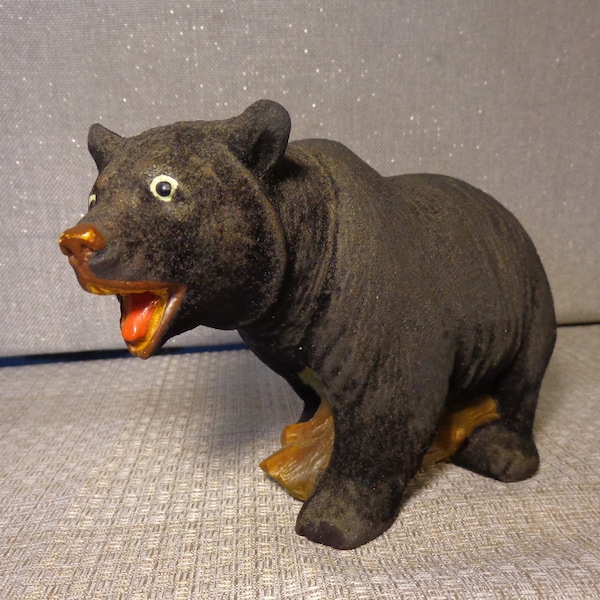 Vintage Felted Chalkware Black Bear Statue, Vintage Chalkware Plaster Bear Figurine