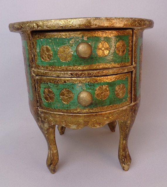 Vintage Green and Gold Florentine Jewelry Box, Vin