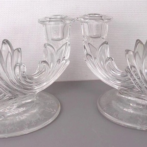 Vintage Fostoria Baroque Navarre Etched Glass Double Candle Holders, Set of 2