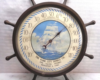 Vintage 1940's Advertising Wall Thermometer shaped as a Ship's wheel,  Park City Valve Supply, Bridgeport Conn Memorabilia, USA