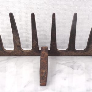 May include: An antique, rusty metal garden rake with seven tines and a short handle. The rake is dark brown with some areas of lighter discoloration. The tines are evenly spaced and angled slightly upward. The rake is likely used for gardening or landscaping.