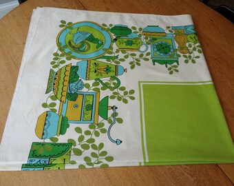 Vintage MCM Blue Green Kitschy Tablecloth, MCM Turquoise and Lime Coffee Tea Time Tablecloth, Square