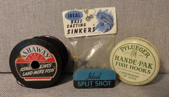 Vintage Fishing Supplies, Pflueger Hande-pak Fish Hooks, Ideal Split Shot,  Ideal Bass Casting Sinkers, Ashaway Nylon Fishing Line 