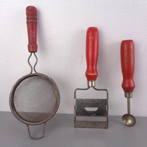 Vintage Red Wooden Handle Kitchen Utensils, Vintage Red Handled Sieve, Cheese Slicer and Melon Baller, Lot of 3