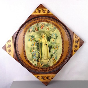 Vintage Wooden Our Lady of Fatima Wall Display, Vintage Religious NS di Fatima wooden plaque
