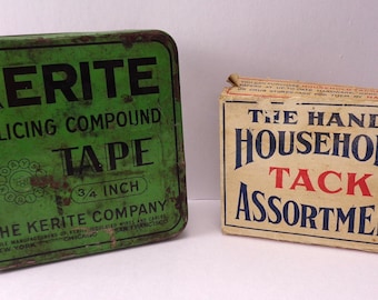 Vintage Kerile Splicing Compound Tape Tin and The Handy Household Tack Assortment Box with Tacks, Vintage Americana
