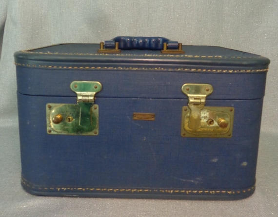 Vintage Crown Blue Train Case, Vintage Small Blue… - image 1