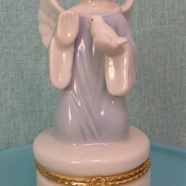 Vintage Angel with Dove Porcelain Hinged Trinket Box, Vintage Girl Angel Porcelain Hinged Trinket Box