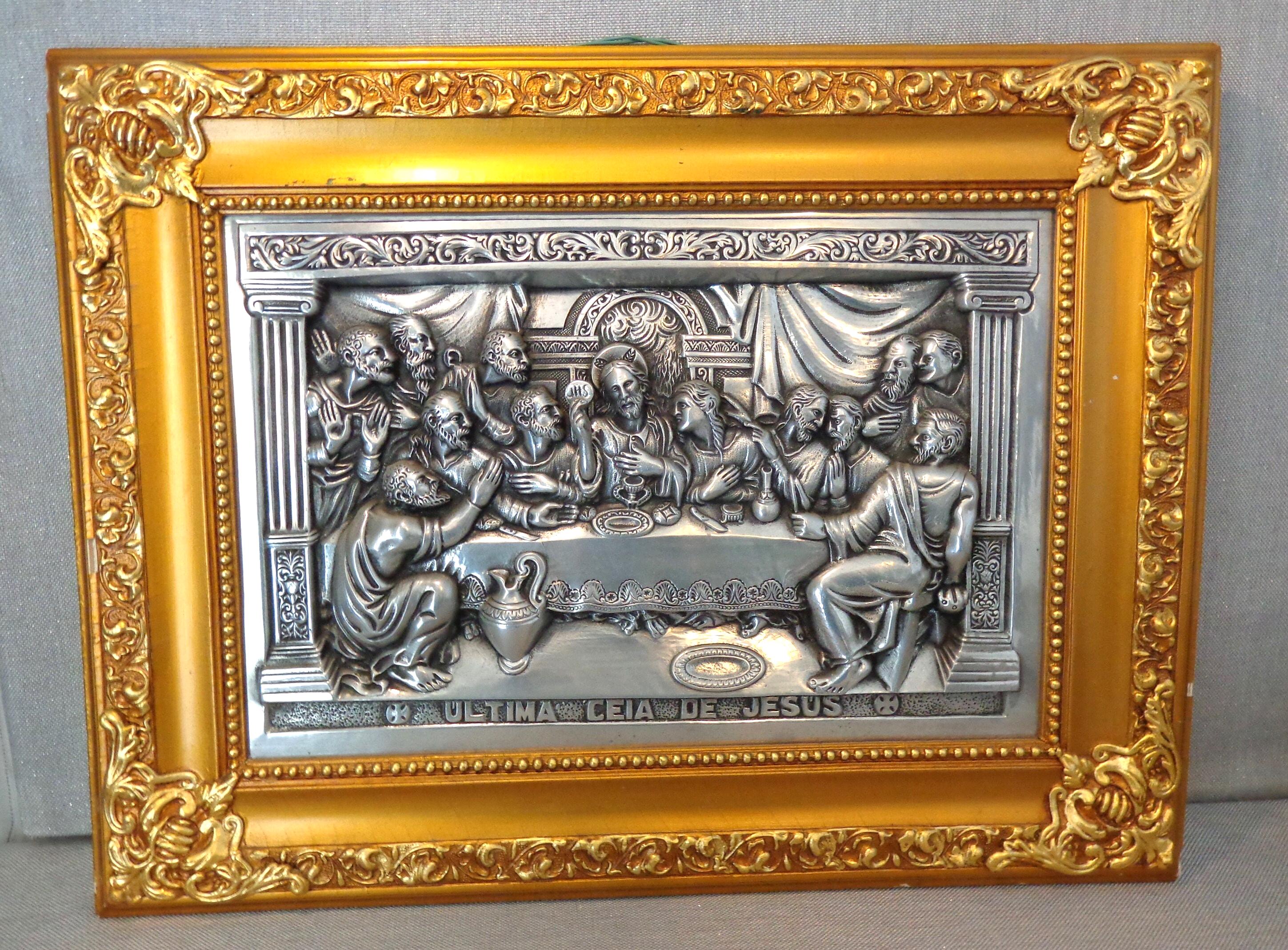 Vintage Rare Framed Last Supper Pewter 3d Repousse Art, Vintage