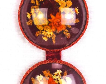 Adorno de pared vintage con flores secas de vidrio, redondo y convexo, con cinta de terciopelo floral seca de vidrio burbuja, Fulte Artesania, España