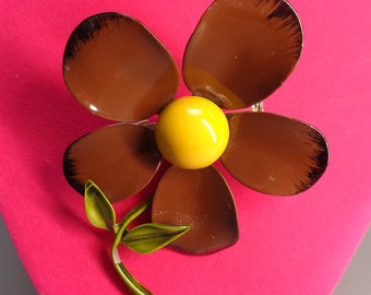 Vintage Large Enamel Flower Brooch, Vintage Brown and Yellow Floral Enamel Brooch Pin