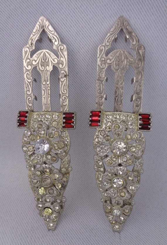 Vintage Rhinestone and Ruby Glass Shoe Clips, Vint