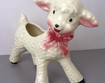 Vintage White Lamb Planter, MCM Ceramic Sheep Lamb Planter Figurine, USA