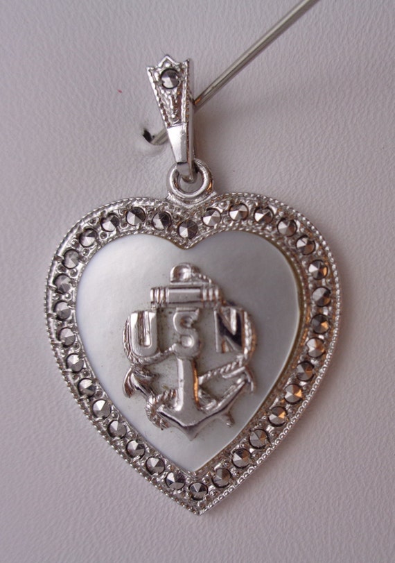 Vintage Theda Sterling US Navy Heart Pendant, Inla