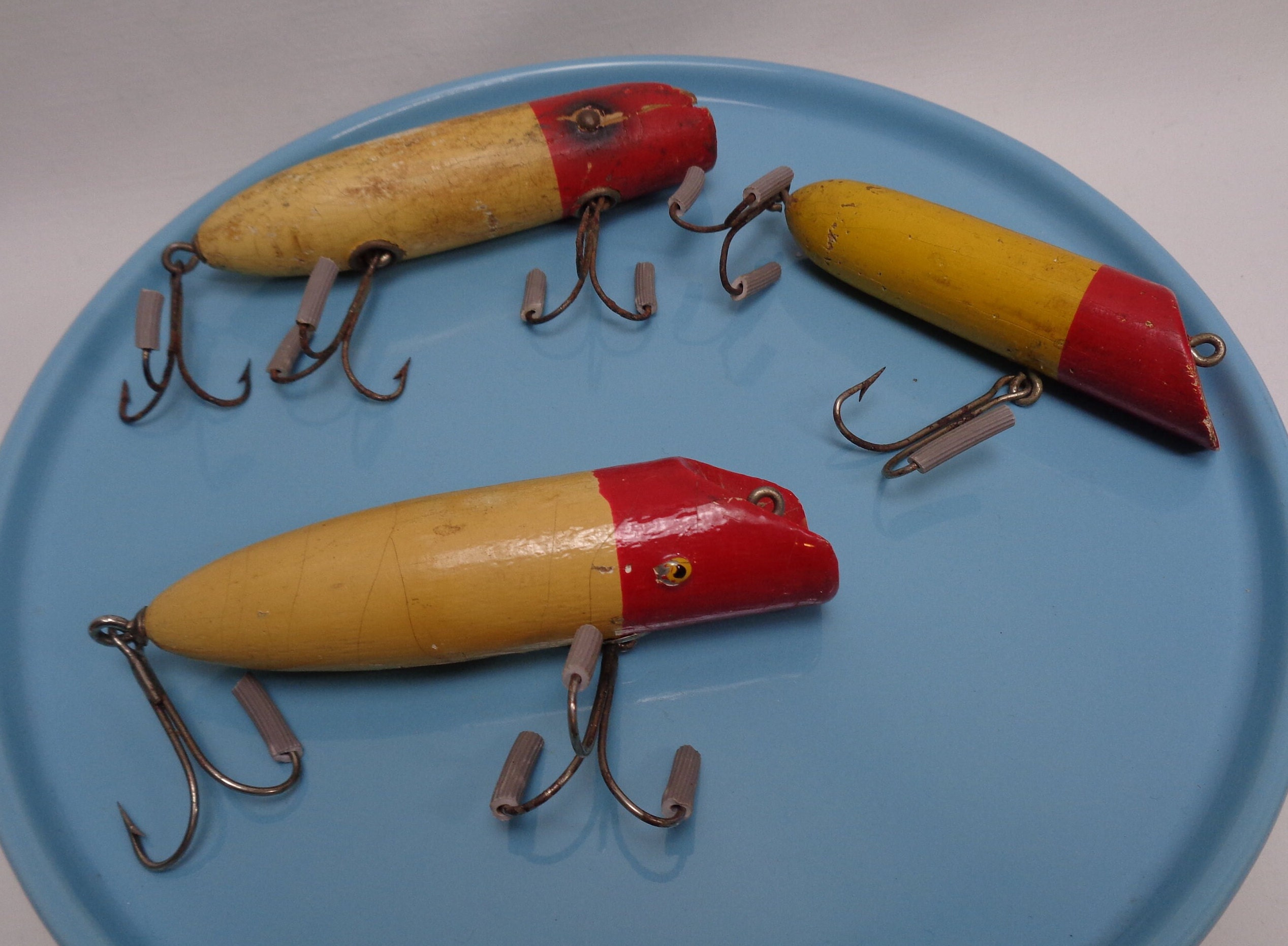 Antique Vintage Wood Fishing Lures, Red and Yellow Wooden Lures, One with  Glass eye, Chub, Set of 3
