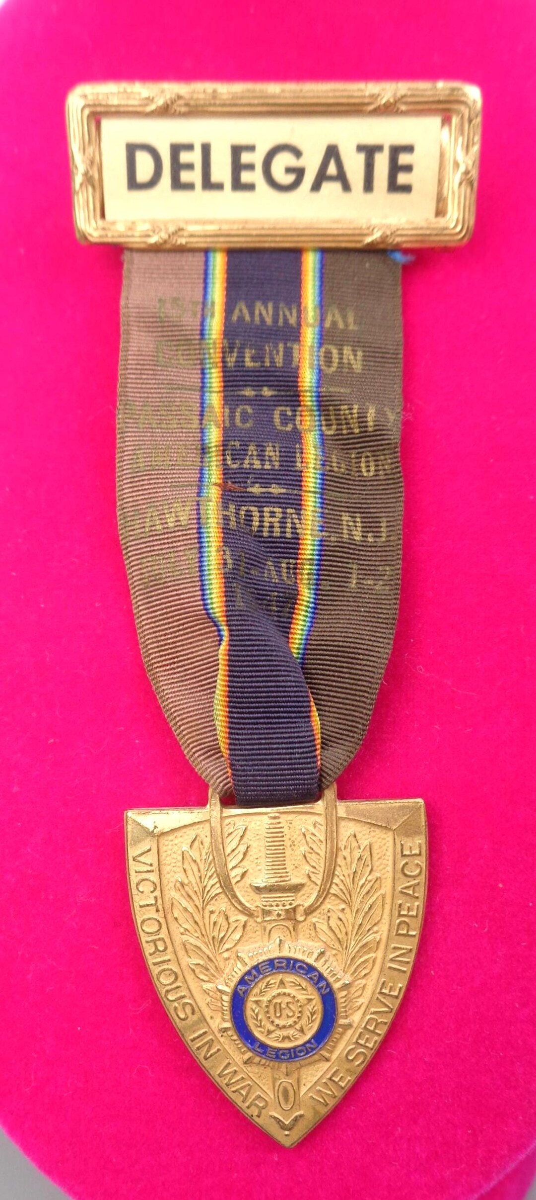 Vintage 1947 US American Legion Delegate Ribbon Pin, "victorious in War ...