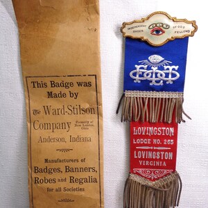 Vintage Independent Order of Odd Fellows Ribbon, Antique Odd Fellows Lodge Lovingston VA, with original envelope