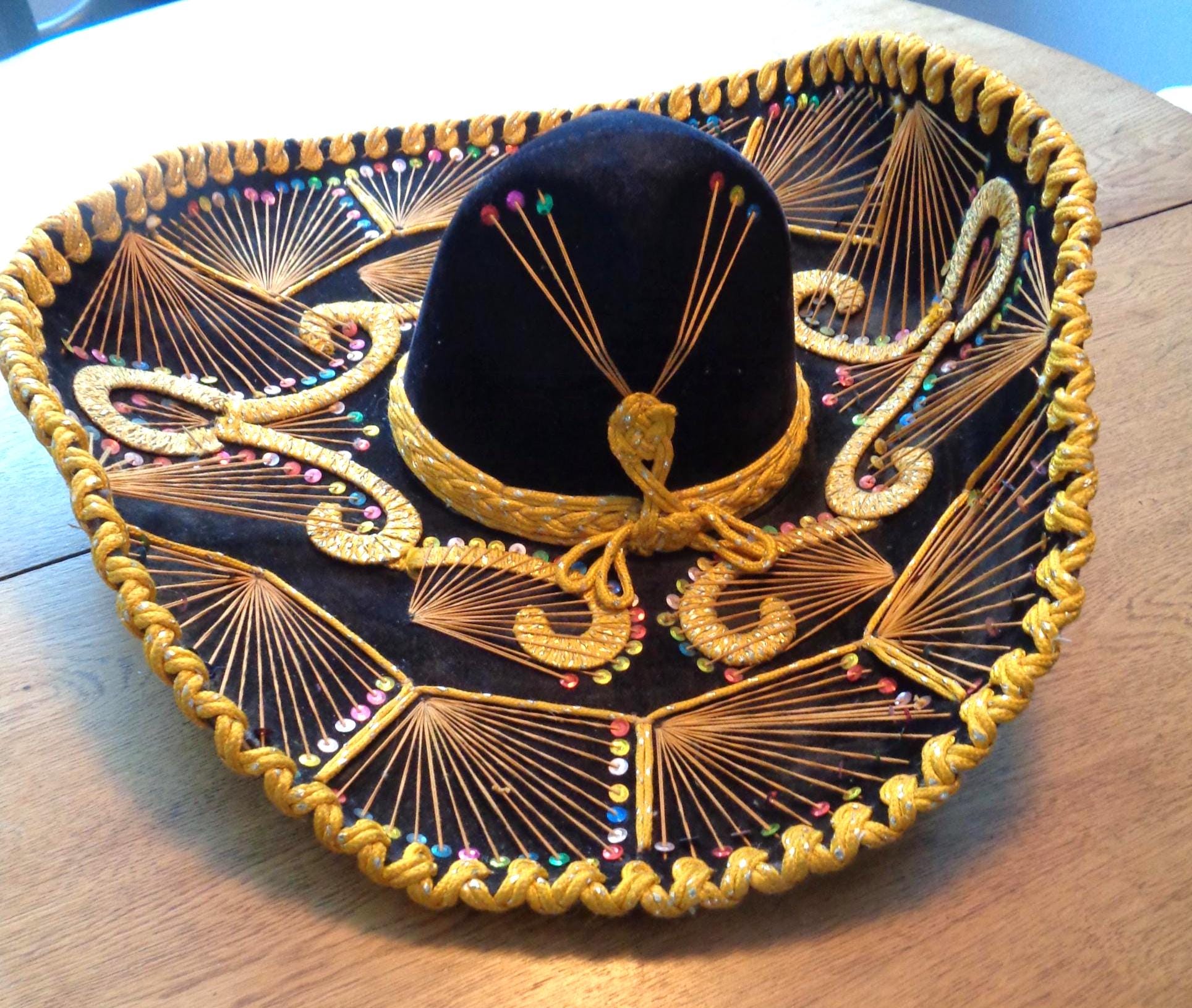 Vintage Pigalle Sombrero Mexican Hat Red Gold Sequin Velvet Yellow s-l1200.jpg main image 3