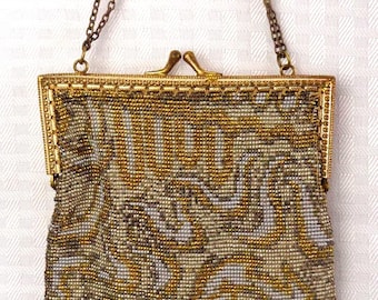 Vintage Nouveau French Steel Micro Beaded Swirl Design Purse, Vintage France Cut Steel Beaded Flapper Gold and Silver Purse, made in France