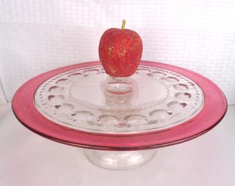 Vintage Ruby Glass King's Crown Cake Stand, Vintage Kings Crown Thumbprint Glass Cake Plate