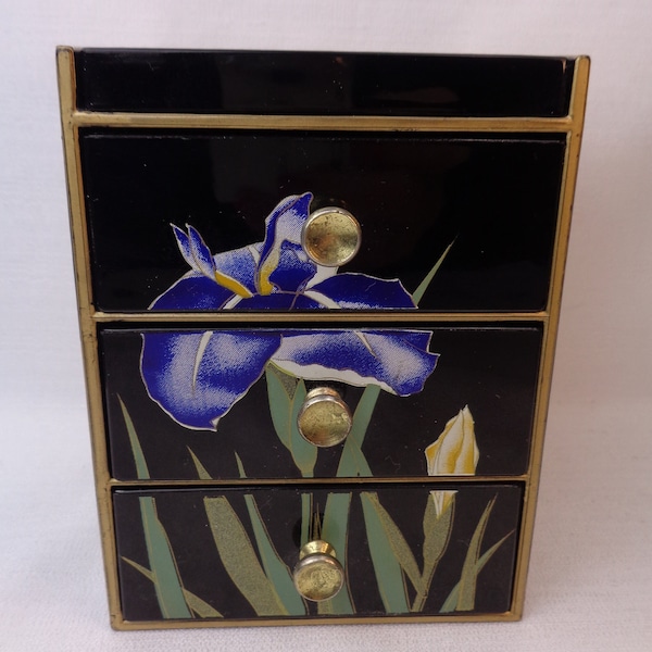 Vintage Japan Lacquer Jewelry Box, 3 Drawer and Mirror Top Asian Lacquer Jewelry Trinket Box