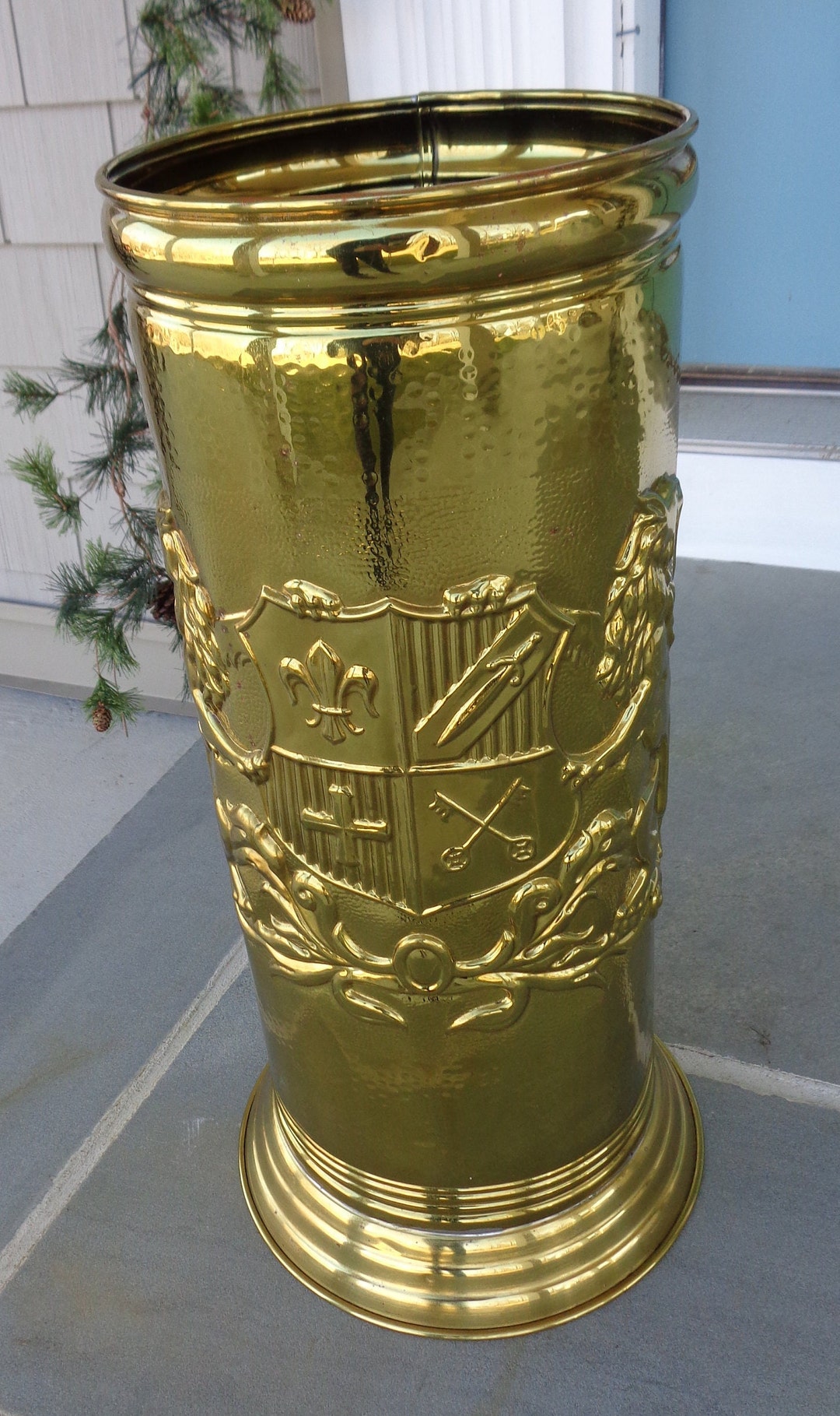 Vintage Heraldic Peerage Brass Umbrella Stand, Vintage Peerage Walking