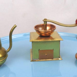 Vintage Copper and Brass Miniatures, Vintage Miniature Copper Brass Coffee Pot, Coffee Grinder and Pot with Handle, Set of 3, Japan