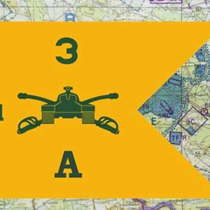 May include: A yellow flag with a green tank illustration, the number 3, the letter A, and the number 1. The flag is set against a map background.