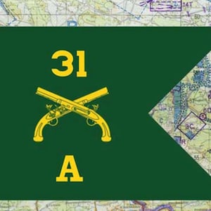 May include: A green flag with the number "31" and the letter "A" in yellow. Two crossed yellow pistols are centered below the number. The background is a map.