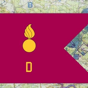 May include: A maroon flag with a yellow flame and circle emblem, and the letter "D". The flag is set against a detailed map background, with additional map details and letters visible.