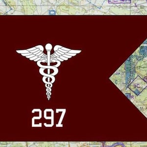 May include: A maroon flag with a white medical caduceus symbol and the number 297. The flag has a triangular cut-out on the right side and is set against a map background. The caduceus features a staff with two snakes and wings.