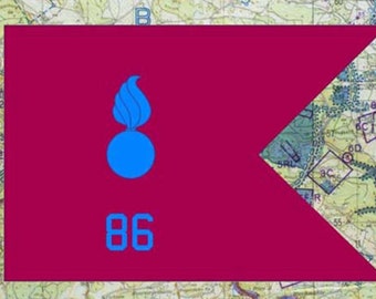 May include: A maroon flag featuring a blue flame above a blue sphere and the number 86 in blue. The flag has a triangular cut-out on the right, set against a map background.