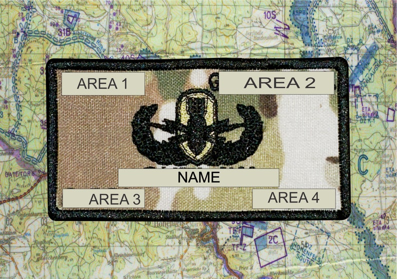 May include: A rectangular patch with a camouflage pattern, featuring a black embroidered emblem and the word "NAME" in a white rectangle. The patch has four areas labeled "AREA 1" through "AREA 4". The background is a map.