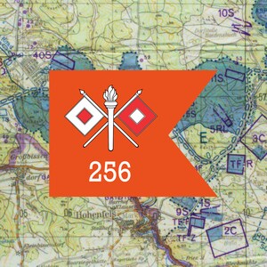 May include: An orange flag with a white torch and two crossed flags, each with a diamond. The number "256" is displayed in white. The background is a vintage map.
