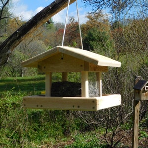 May include: A wooden bird feeder with a clear plastic window and a roof. The feeder is hanging from a tree branch and is filled with birdseed. There is a small wooden birdhouse on a post in the background.