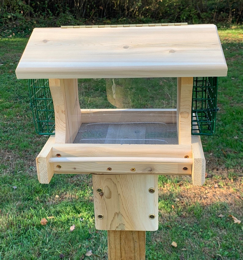 Post Mount Bird Feeder Large Cedar Bird Feeder With Suet Etsy