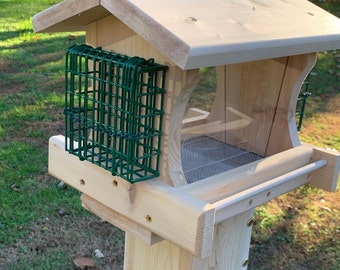 Post Mount Bird Feeder, Large Cedar Bird Feeder With Suet Baskets,Large Bird Feeder,Suet Feeder