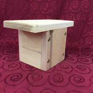 May include: A small wooden box with a flat top and a slightly angled front. The box is made of light-colored wood and has a natural finish. There are two small screws visible on the front of the box.