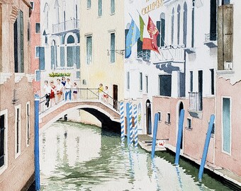 May include: A watercolor painting of a narrow canal in Venice, Italy. The canal is lined with colorful buildings, including a building with a sign that reads "Hotel Excelsior". There is a small bridge over the canal, and people are walking across it. The water in the canal is reflecting the buildings and the sky.